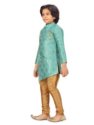 Turquoise plain silk boys-kurta-pyjama 3