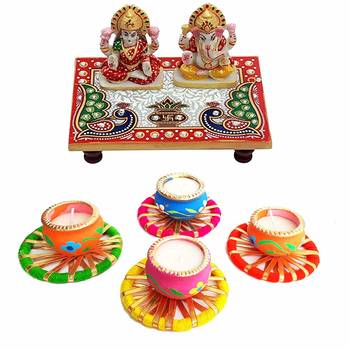 Marble Lord Ganesh Ji Laxmi Ji Pooja Choki and 4 Matki Shape Wax Filled Diyas Diwali Pooja Decoration and Gift 1