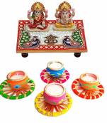 Marble Lord Ganesh Ji Laxmi Ji Pooja Choki and 4 Matki Shape Wax Filled Diyas Diwali Pooja Decoration and Gift