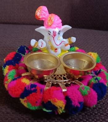 Elegance Beautiful & Ethnic Ganpati Haldi Kumkum Stand with 2 Roli Chawal Holder for Welcome Plate/ Pooja Thali  1