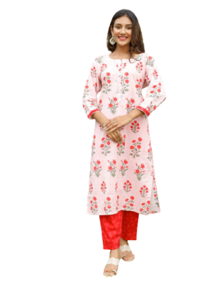 White And Red kurti Pent In Cotton Silk Fabric With Gotta Work 1