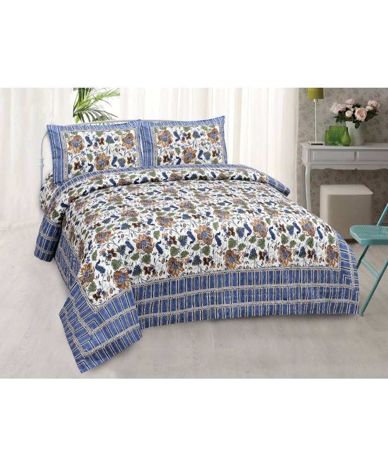 multicolor COTTON PRINTED KING SIZE DOUBLE BED SHEET WITH PILLOW COVER
