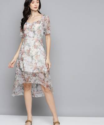 Beige Chiffon Printed stitched   Dress 1