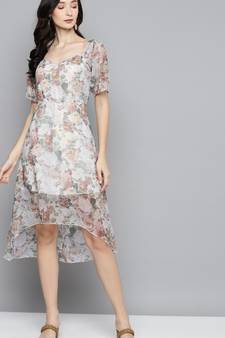 Beige Chiffon Printed stitched   Dress