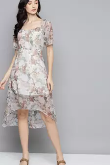 Beige Chiffon Printed stitched   Dress