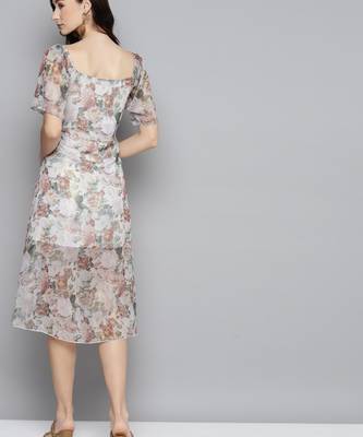 Beige Chiffon Printed stitched   Dress 3