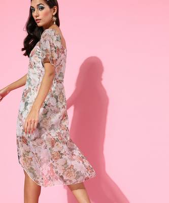 Beige Chiffon Printed stitched   Dress 3