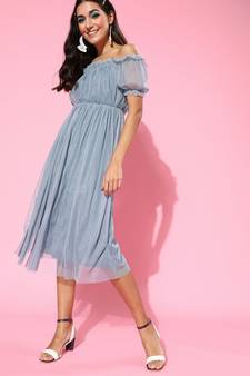 Blue net plain stitched   Dress