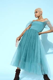 Teal net plain stitched   Dress