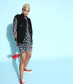 Black net Printed stitched   Dress