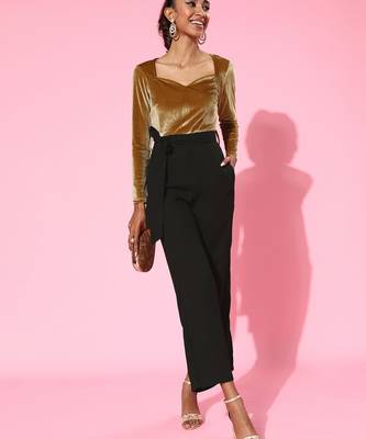 Gold Velvet plain stitched   jumpsuit 1