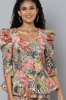 Beige cotton Printed stitched top