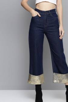 Blue Gold Foil Roll Up Detail Straight Jeans