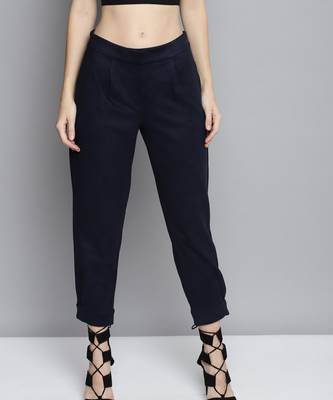 Navy Suede Button Hem Pants 1