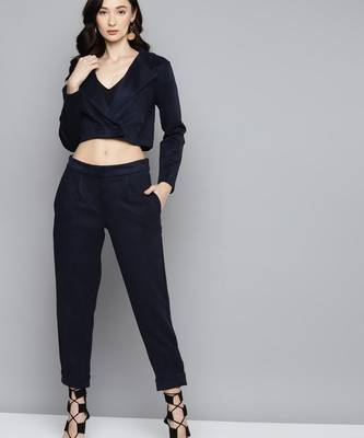 Navy Suede Button Hem Pants 4