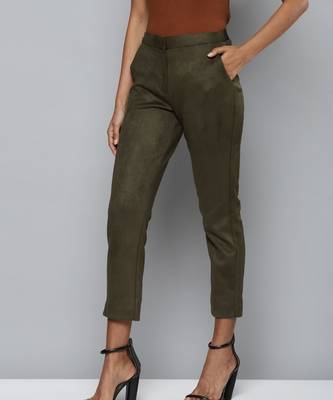 Olive Suede Straight Fit Pants 2