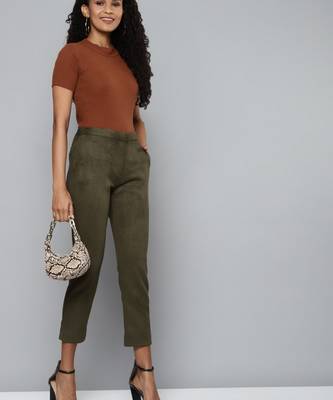 Olive Suede Straight Fit Pants 4
