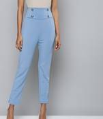 Blue Scuba Front Button High Waist Pants