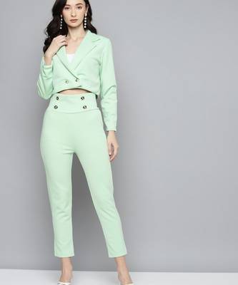 Mint Green Scuba Front Button High Waist Pants 4