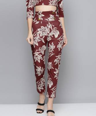 Maroon Floral Scuba Front Button Track Pants 1