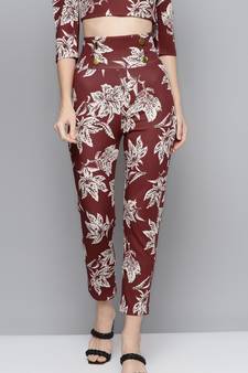 Maroon Floral Scuba Front Button Track Pants