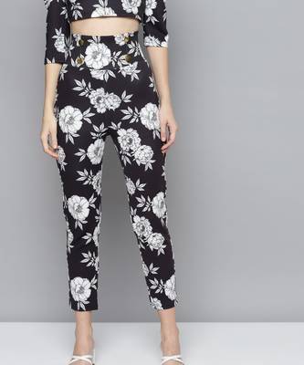 Black Floral Scuba Front Button High Waist Pants 1