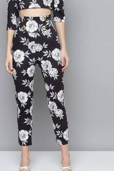 Black Floral Scuba Front Button High Waist Pants