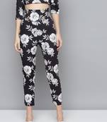 Black Floral Scuba Front Button High Waist Pants