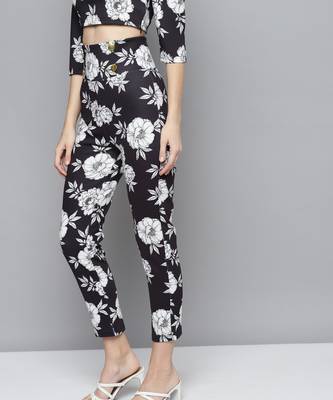 Black Floral Scuba Front Button High Waist Pants 2