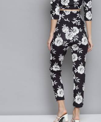 Black Floral Scuba Front Button High Waist Pants 3