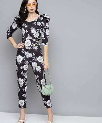 Black Floral Scuba Front Button High Waist Pants 4