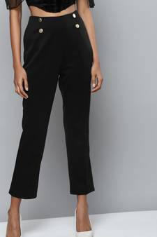 Black Scuba Front Button Tapered Pants