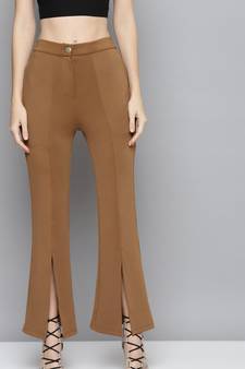 Brown Scuba Front Slit Bell Bottom Pants