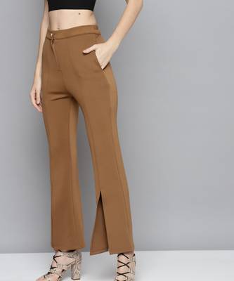 Brown Scuba Front Slit Bell Bottom Pants 2
