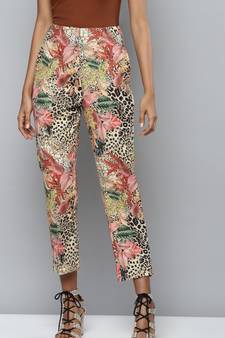 Beige Scuba Cheetah Floral Tapered Pants