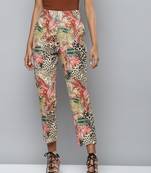Beige Scuba Cheetah Floral Tapered Pants