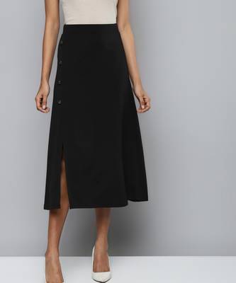 Black Scuba Front Slit Flared Midi Skirt 1