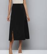 Black Scuba Front Slit Flared Midi Skirt