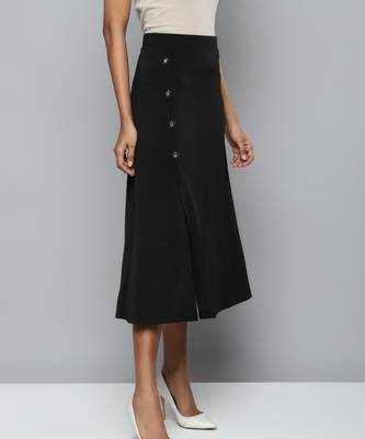 Black Scuba Front Slit Flared Midi Skirt 2
