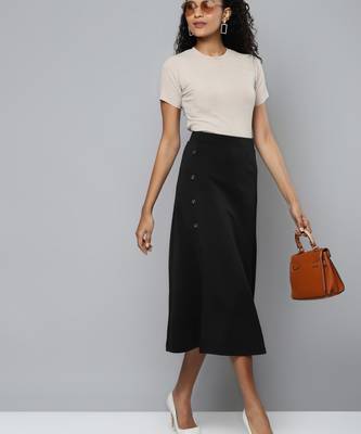 Black Scuba Front Slit Flared Midi Skirt 4