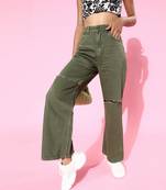 Olive Wide Leg Mid Rise Knee-Slit Jeans