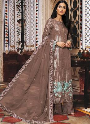 coffee georgette semi stitched embroidered top & bottom with dupatta 1