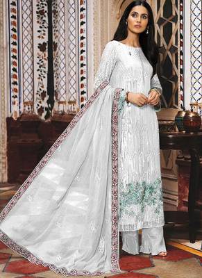 off-white georgette semi stitched embroidered top & bottom with dupatta 1
