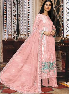 peach georgette semi stitched embroidered top & bottom with dupatta 1