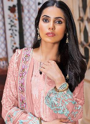 peach georgette semi stitched embroidered top & bottom with dupatta 2