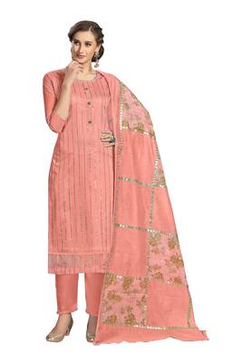 Peach Modal Chanderi Mukaish Work Unstitched Salwar Suit Material With Innar 1