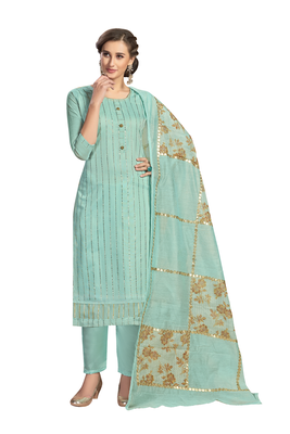 Kimisha Women's Turquoise Modal Chanderi Mukaish Work Unstitched Salwar Suit Material With Innar 4