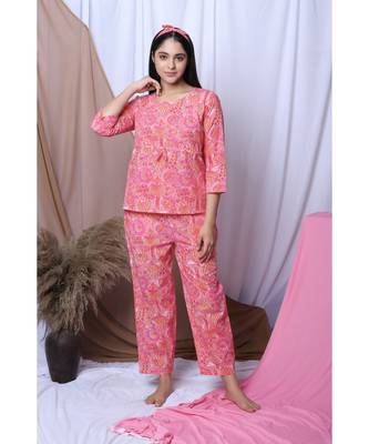 Peach Floral Printed Loungewear Set With Hairband 1