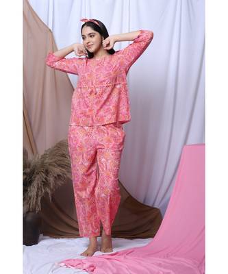 Peach Floral Printed Loungewear Set With Hairband 2