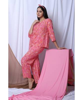 Peach Floral Printed Loungewear Set With Hairband 5